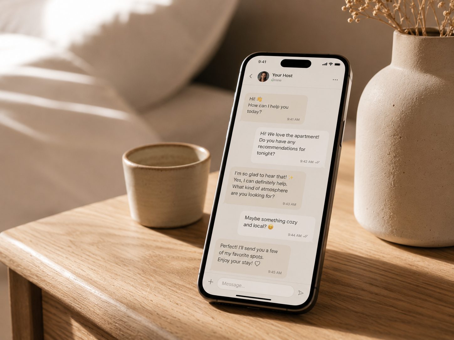 A phone standing on a bedside table showing a warm conversation between a guest and their host about where to eat tonight