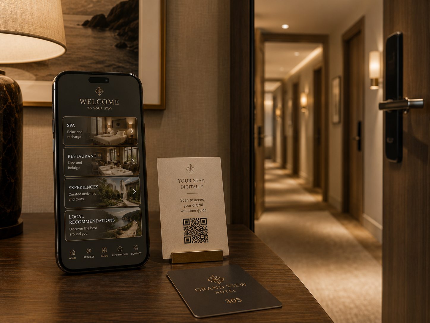 A dimly lit guest-room corridor at night, with the welcome guide open on a phone and a printed QR card beside it