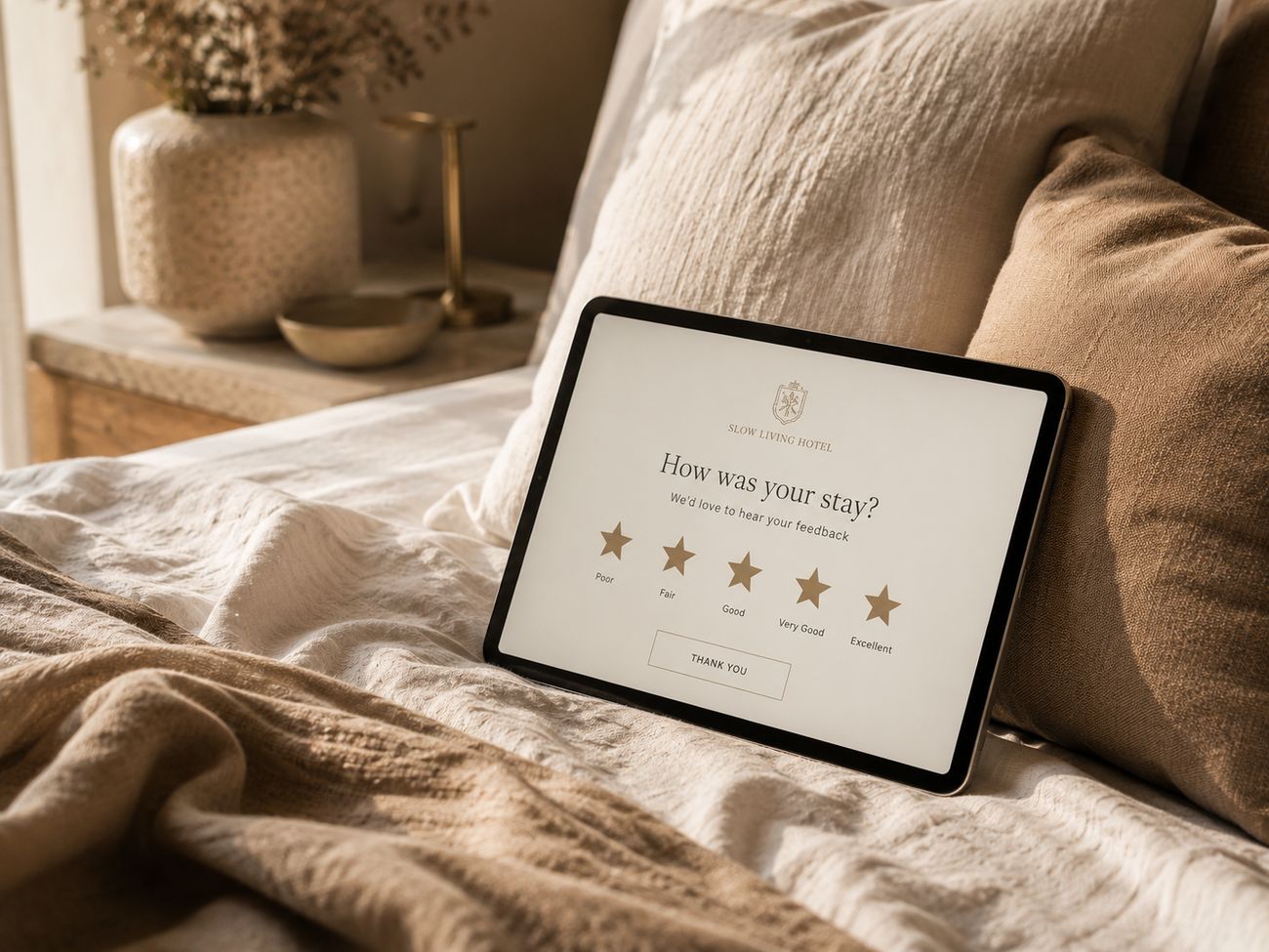 A tablet propped on a made bed showing a five-star “How was your stay?” review screen